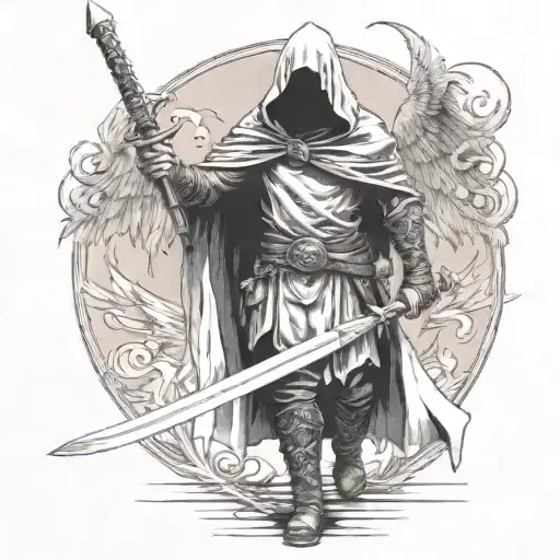 A full-length hooded warrior standing straight with his sword lowered with wings  tattoo design idea