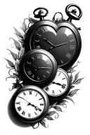 3 pocket watches. top and bottom clock round, middle is heart shaped tattoo design idea