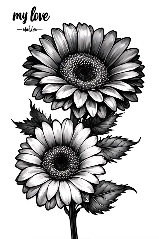 gerbera flower tattoo with handwirtten "my love" tattoo design idea