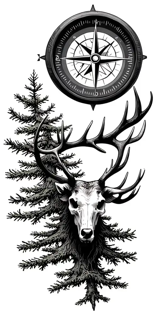 compass elk scull mountains spruce tree branches tattoo design idea