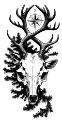 compass elk scull mountains spruce tree branches tattoo design idea