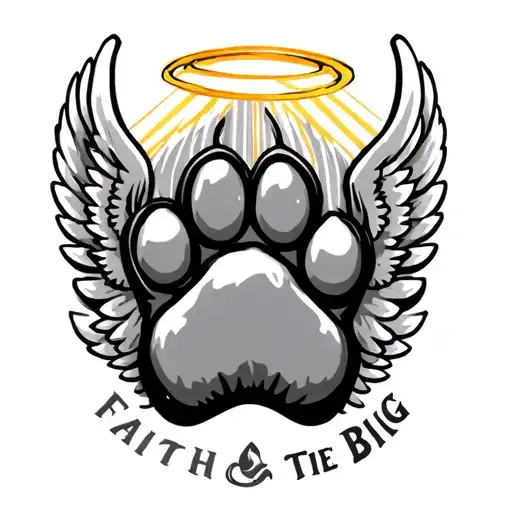 pit bull paw print with a Halo and wings with the name faith on one side and the name Big on the other side on black an  tattoo design idea