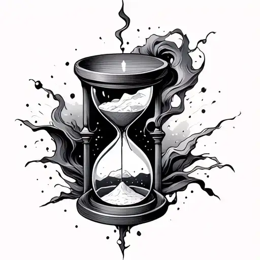 A black and gray tattoo design for the outer forearm featuring a cracked hourglass with cosmic sand flowing down. Inside tattoo design idea