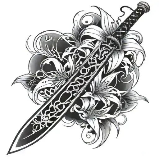 A katana blade with intricate spider lilies wrapping around it, representing the duality of strength and fragility tattoo design idea