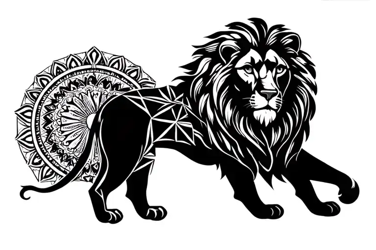 lion with mandala background black and white tattoo design idea