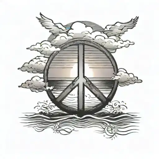A tranquil sunset over the ocean with a peace symbol incorporated into the horizon tattoo design idea