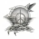 A tranquil sunset over the ocean with a peace symbol incorporated into the horizon tattoo design idea