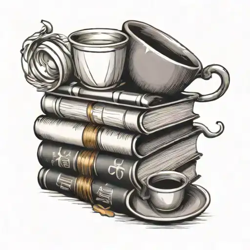 stack of books with cup of tea cup tattoo design idea