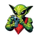 Mars Attacks alien with a ray gun, no hands and bold lines tattoo design idea