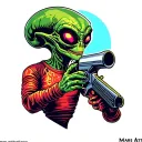 Mars Attacks alien with a ray gun, no hands and bold lines tattoo design idea