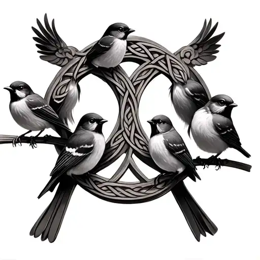 A realistic portrait of a family of robins perched on a Celtic cross, symbolizing the client's love for their family and Irish roots tattoo design idea