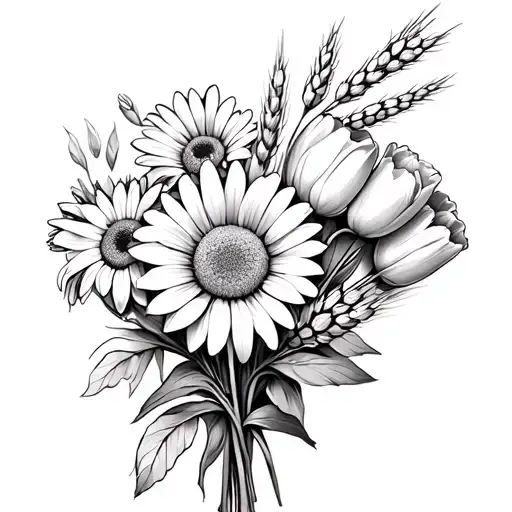 A bouquet with the flowers Madia, Daisy, Tulips and also a branch of a hemp vine, and wheat and malt. tattoo design idea