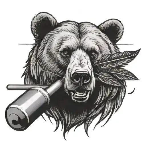 bear head holding barbell with 3 feathers background  tattoo design idea