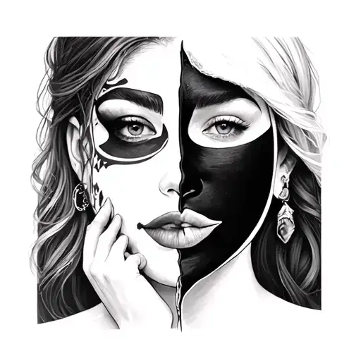 drama two face mask split in half black woman holding tattoo design idea