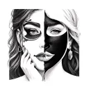 drama two face mask split in half black woman holding tattoo design idea