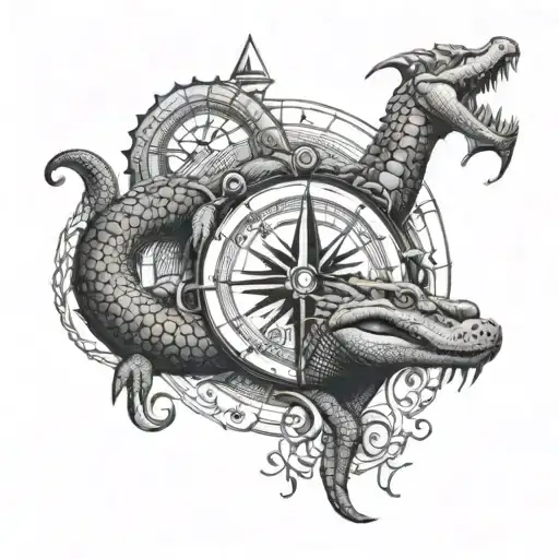 alligator and compass intertwined tattoo design idea