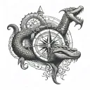 alligator and compass intertwined tattoo design idea