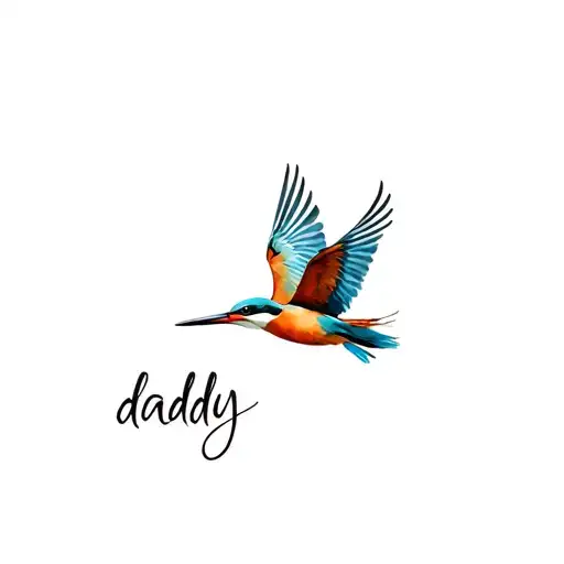 A flying kingfisher in realistic style with colors and the name daddy tattoo design idea