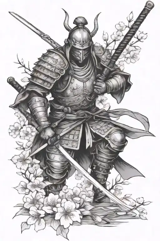 armored ronin silhouette and scattered cherry blossom branches tattoo design idea