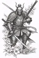 armored ronin silhouette and scattered cherry blossom branches tattoo design idea