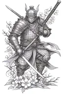 armored ronin silhouette and scattered cherry blossom branches tattoo design idea