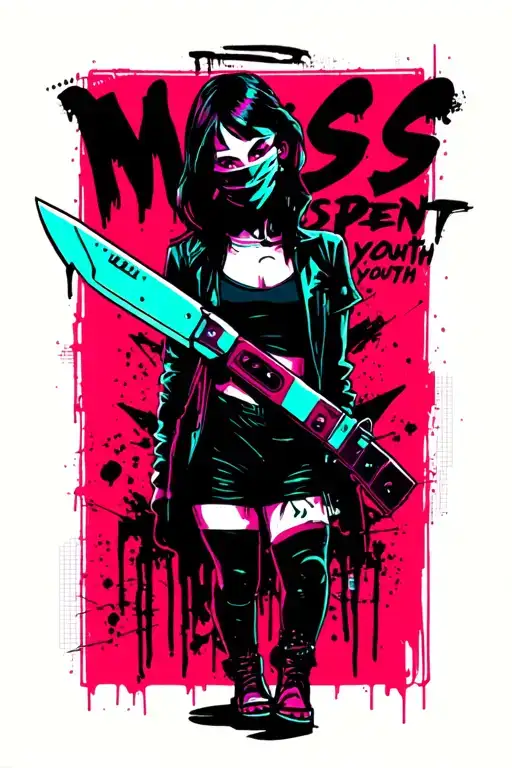 "Miss spent youth" "Miss spent youth" sexy gta woman knife geometric futuristic unmasking blacks hints teal reds neon full coverage  tattoo design idea