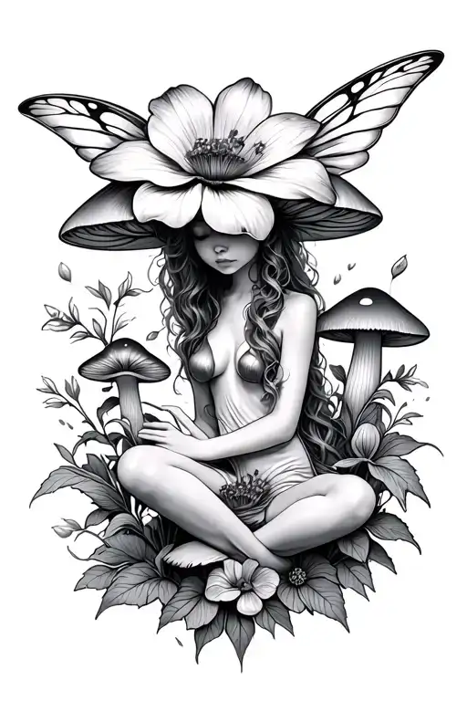 flowers with mushrooms and fairy sitting tattoo design idea