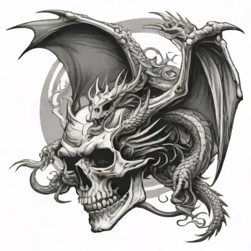 skull and dragon flying tattoo design idea