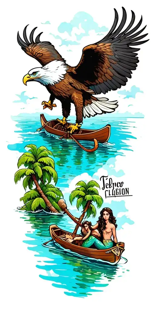 bald eagle at top of sleeve and a Peter Pan lagoon in a rowboat skull island around the elbow mermaids below the boat tattoo design idea