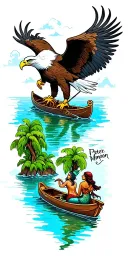 bald eagle at top of sleeve and a Peter Pan lagoon in a rowboat skull island around the elbow mermaids below the boat tattoo design idea