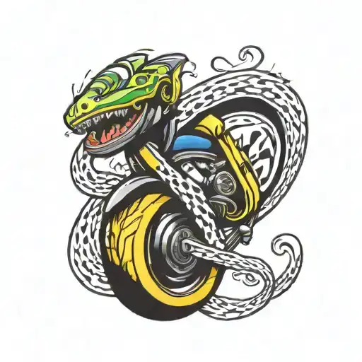 infinity symbol with a raace track design, mario kart on one end and a banana peel on one side  tattoo design idea