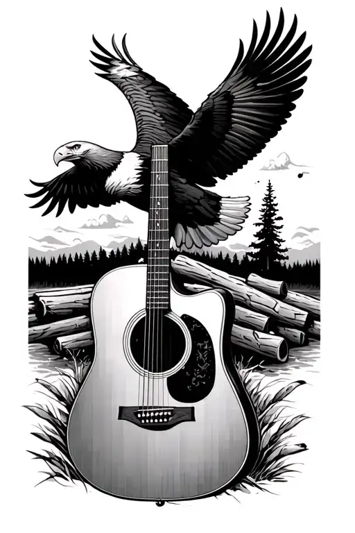 acoustic guitar, log cabin, bald eagle soaring bird tattoo design idea
