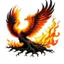 tree turning into Phoenix rising from flames tattoo design idea