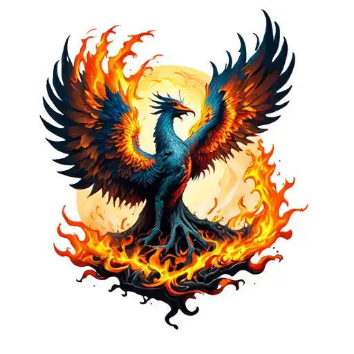 tree turning into Phoenix rising from flames tattoo design idea