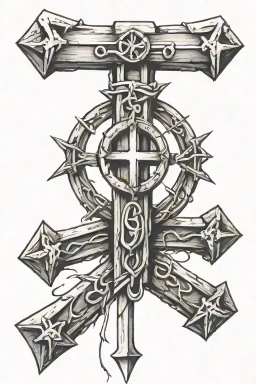 cross made of three nails holding tattoo design idea