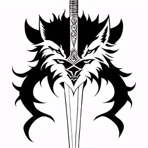 wolfes and sword tattoo design idea