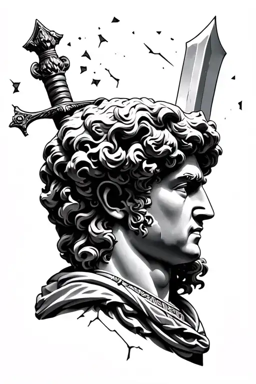 Alexander the great statue head bust cracked with dagger behind it tattoo design idea