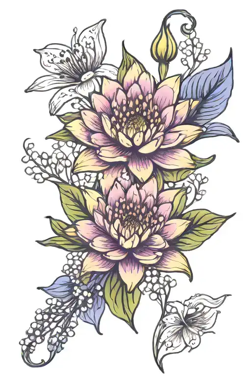 water lily, violet, cosmos, lily of the valley flower tattoo design idea