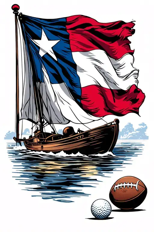 A Texas flag waving in the wind on a boat sail, with a golf ball and football in the foreground and a fishing boat in the background tattoo design idea