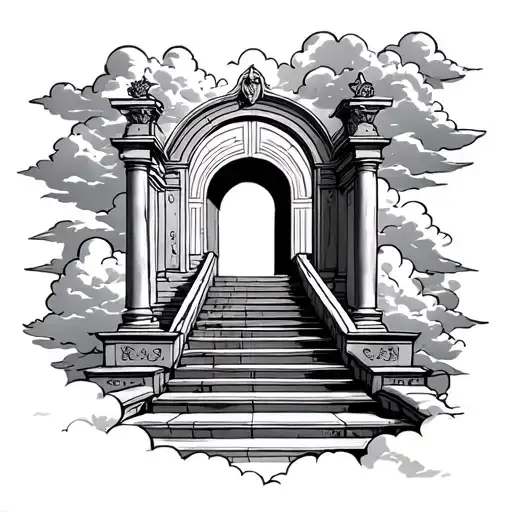 stair case to heaven gates with clouds and portal  tattoo design idea
