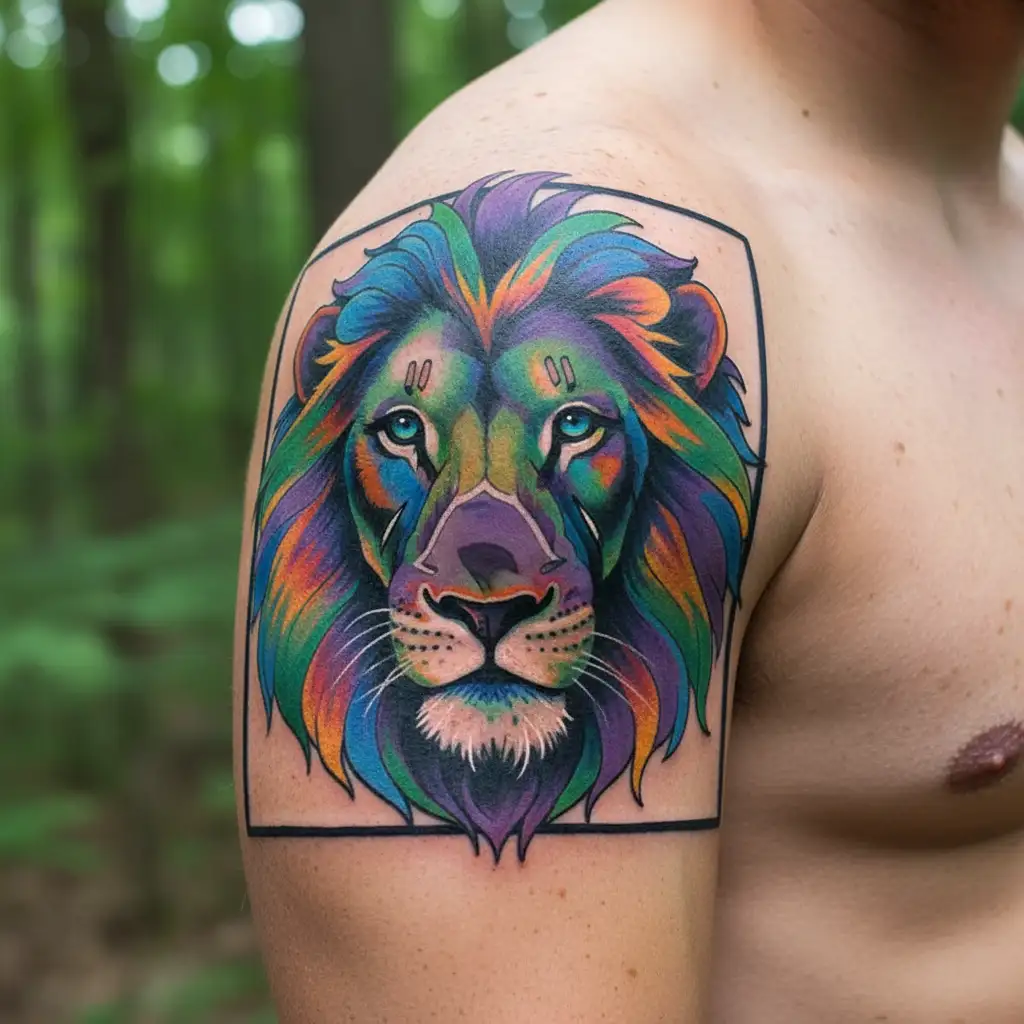 truck driver lion driving a long nose 379 peterbilt semi-truck on lonely highway tattoo design idea