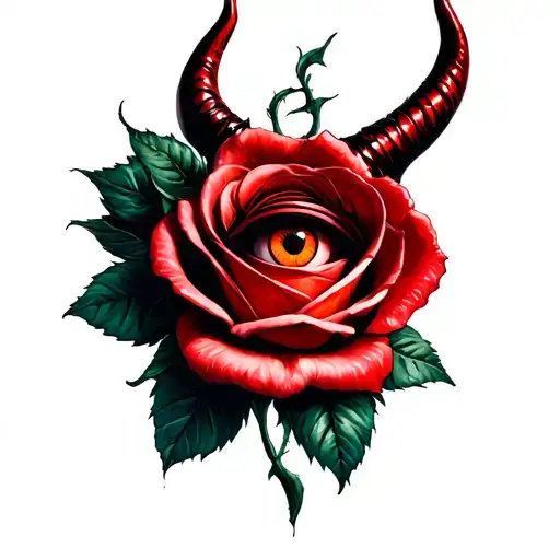 realism eye and rose with a new school devil over the top tattoo design idea
