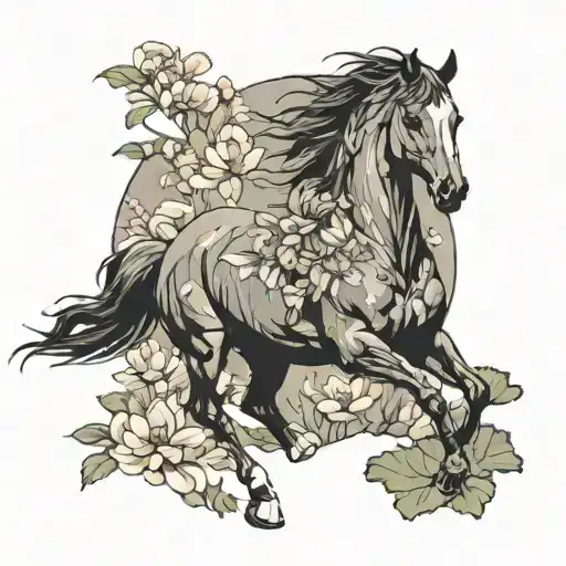 A dynamic composition of a horse galloping through a field of lotus flowers, combining Indian and anime aesthetics tattoo design idea