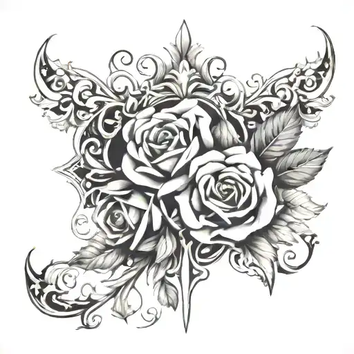 Traditional black ink lower stomach tattoo with daggers, high detail rococo filigree and traditional shaded roses tattoo design idea