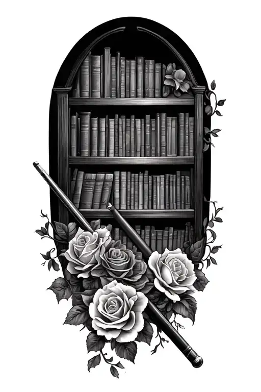 A unique tattoo design of a bookshelf filled with books and a pool cue intertwined with vines and roses, blending the client's love for reading, billiards, and dark romance tattoo design idea