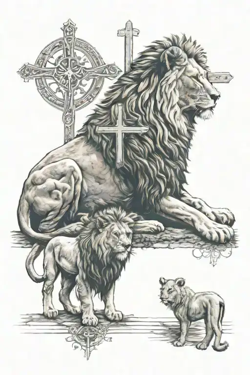 One Jesus, one lion side-by-side, looking away from each other with one lamb and three crosses at the bottom tattoo design idea