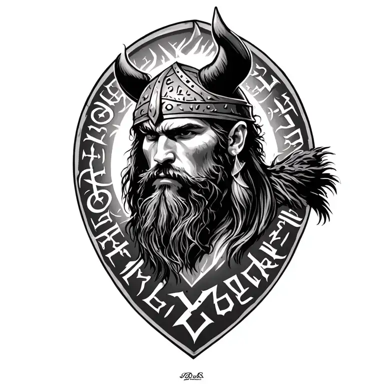 A Viking warrior representing your lost twin brother Samuel in Valhalla, with the Nordic runes spelling out his name on the arm tattoo design idea