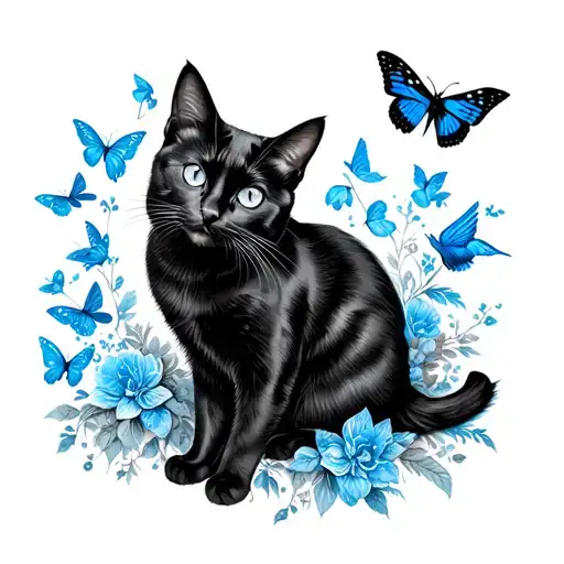 a black cat, a swallow, a butterfly and possible blue or so as a gap filler  tattoo design idea