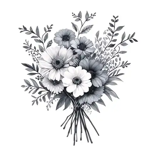 family birth month flower bouquet. months January, may, June, July, August, August, October tattoo design idea
