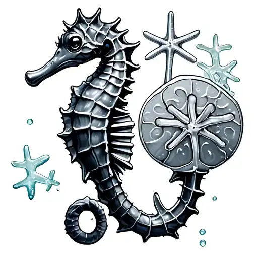 Seahorse starfish, sea glass, Dory, boat sand dollar anchor. Sea shell. tattoo design idea
